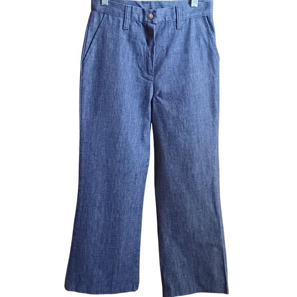 26x27 Vintage Bellbottom Jeans High Waist 1970s Hippie Disc Raw Denim Indigo - Picture 1 of 6